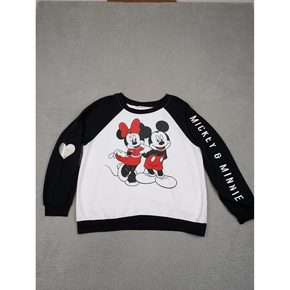 Disney Mickey & Minnie Sweatshirt Girls‎ XL Black White Raglan Graphic Crewneck
